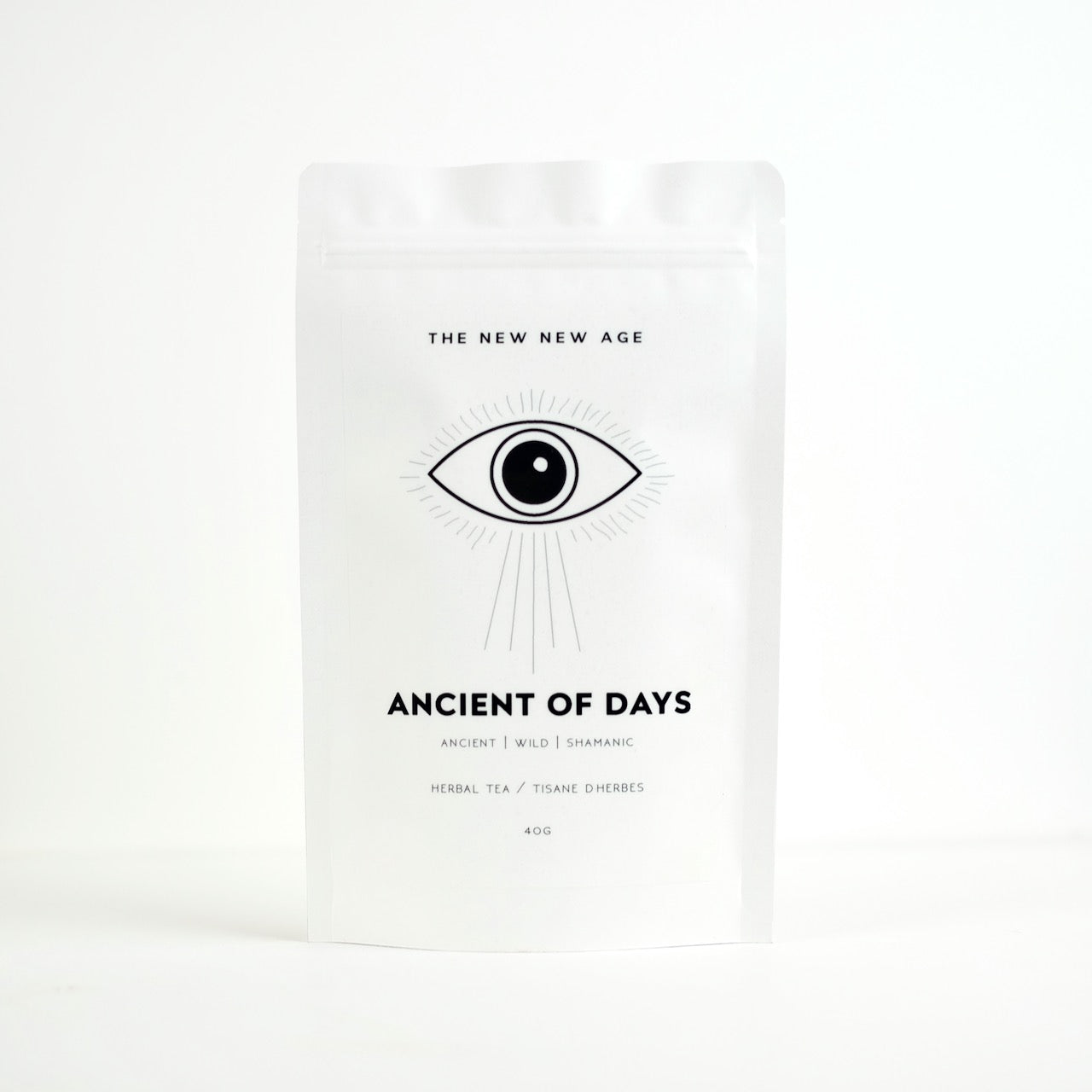 A bag of organic Liquorice tea made by The New New Age. This adaptogenic herbal tea is called Ancient of Days and features black tea.