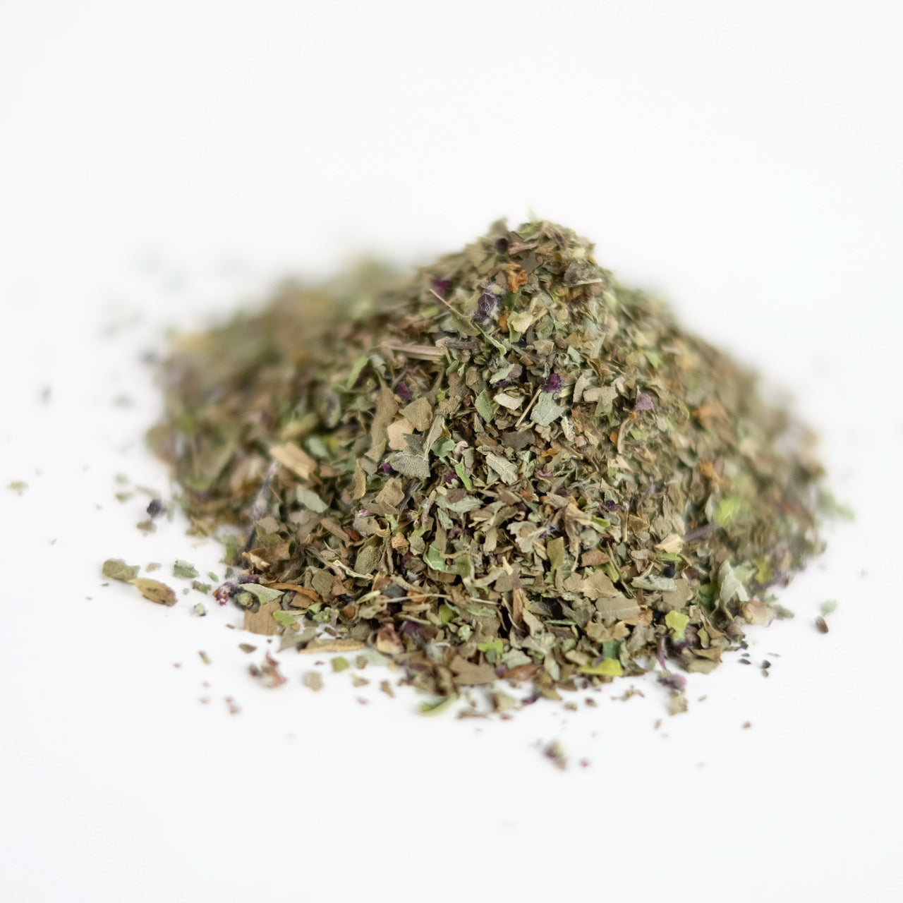 A close up of organic herbal tea made by The New New Age. This adaptogenic herbal tea is called Auspicious Vibrations.