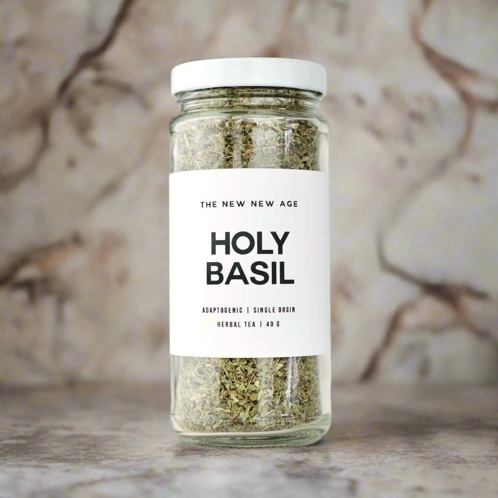 Jar of Holy Basil tea, made by The New New Age.