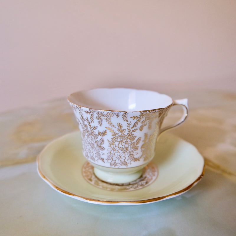 Royal Vale Bone China Gold floral mint green tea cup and saucer