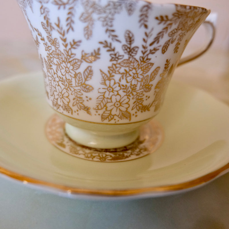 Royal Vale Bone China Gold floral mint green tea cup and saucer