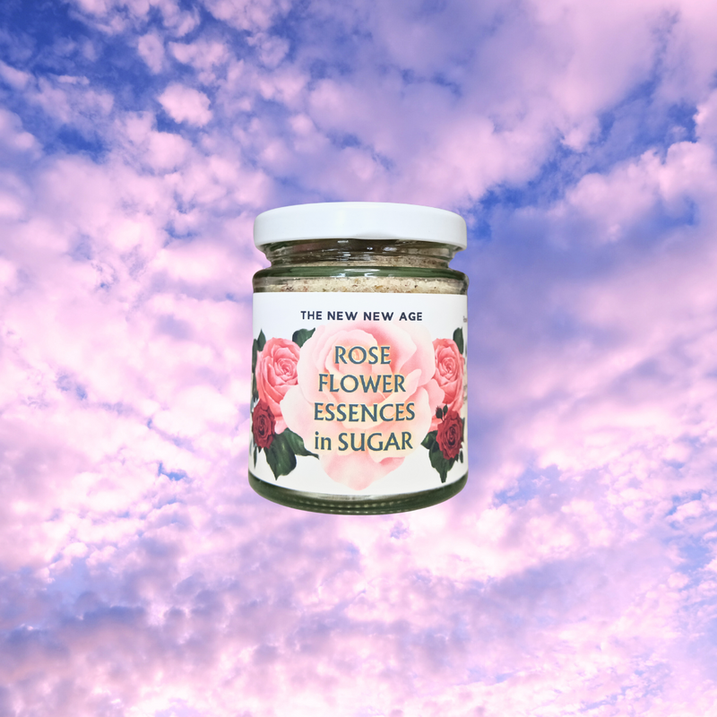 A jar of Rose Flower Essences in Organic Cane Sugar by The New New Age