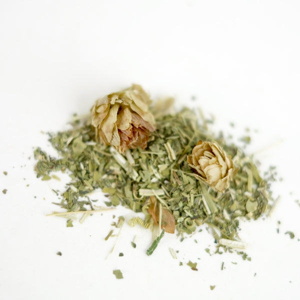 A close up of Mugwort herbal tea, called Dream Plants of the Wild Huntress