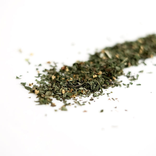 A close up of organic peppermint tea, called Druid Magic.