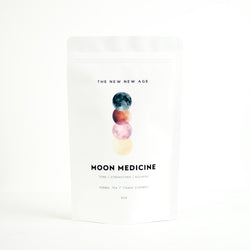 A bag of organic herbal tea that is a tonifying women's health tonic featuring red raspberry leaf, red clover, and ginger. This tea is called Moon Medicine.