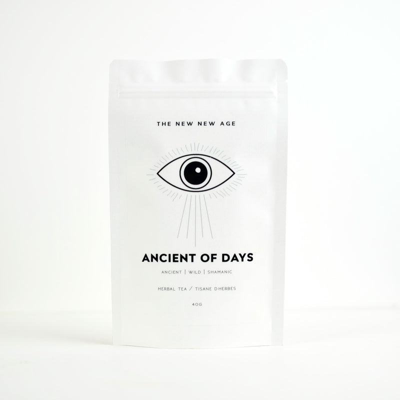 A bag of organic Liquorice tea made by The New New Age. This adaptogenic herbal tea is called Ancient of Days and features black tea. 