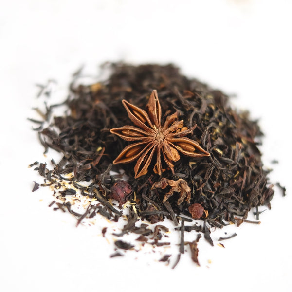 A close up of the organic Liquorice tea by The New New Age. The tea name is Ancient of Days, an adaptogenic black tea. 