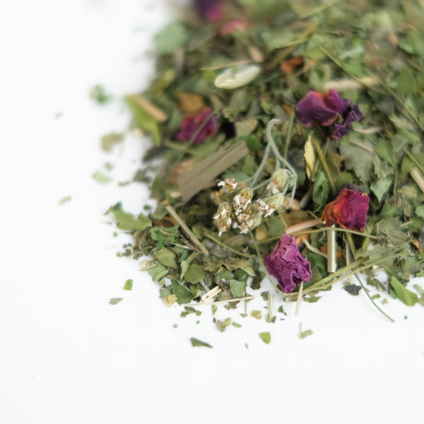 A close up of organic herbal detox tea made by The New New Age.  Herbs pictured are moringa, nettle leaf, yarrow, red root, nettle root, burdock root, lemongrass, spikenard, ginger, oat tops, schisandra, ashwagandha, green tea, patchouli, rose petals, wild cherry bark, red clover.
