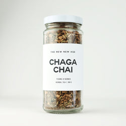 A jar of Chaga Chai tea, featuring Chaga Mushroom.