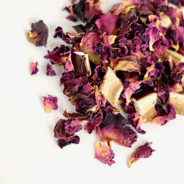 A close up of Rose & Reishi Mushroom tea, called Heart of The Forest, made by The New New Age.