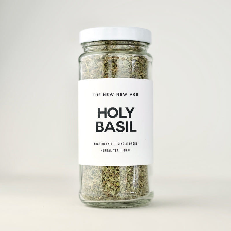 Jar of Holy Basil tea, made by The New New Age.