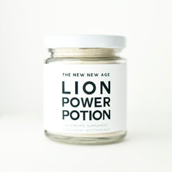 A jar of Lion Power Potion, made with organic Maca and Lion's Mane Mushroom.