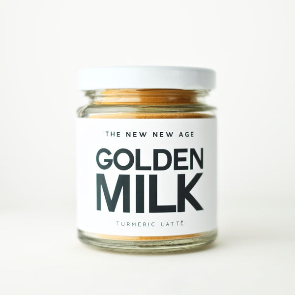 Jar of Golden Milk, an organic turmeric latte herbal powder blend made by The New New Age.