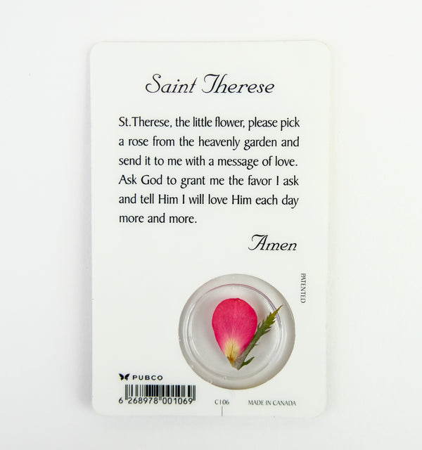 PRAYER CARD ST. THERESE WITH ROSE PETALS