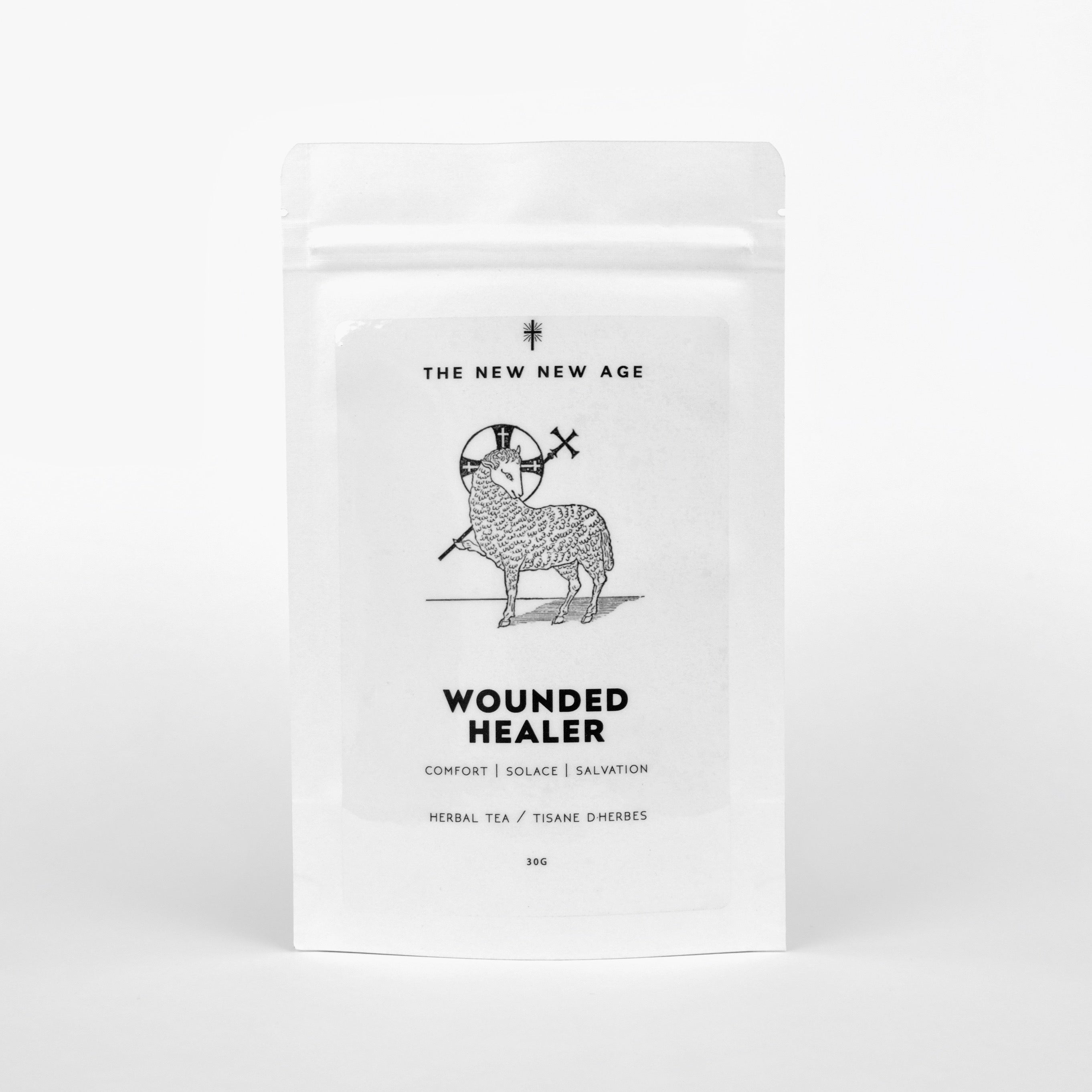 Wounded Healer herbal tea. An organic herbal tea formulated by The New New Age, this tea features yarrow, ginger, lemon verbena, lemongrass, lemon balm, blue cornflower, black pepper.